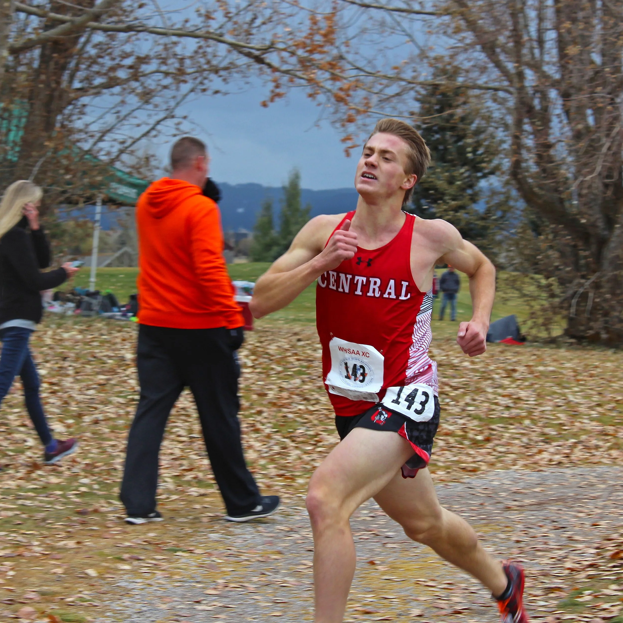 Trevor Stephen enters the final straightaway at the Wyoming Cross Country course on Oct. 26, 2019 in Afton, Wyoming. Stephen passed the leading runner about 200 meters before the finish line, becoming the 4A Wyoming State Champion.