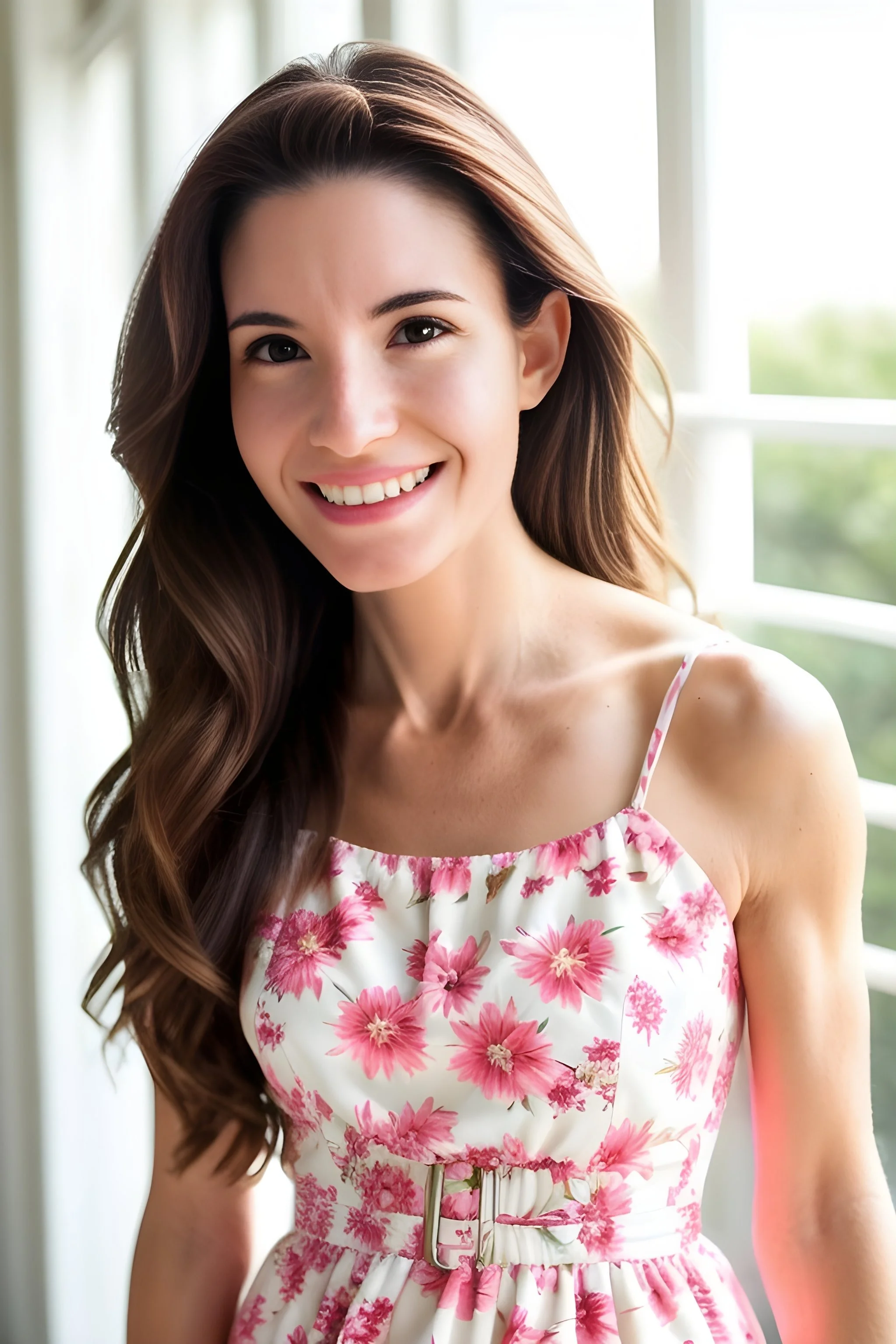 Smiling woman in floral dress near window