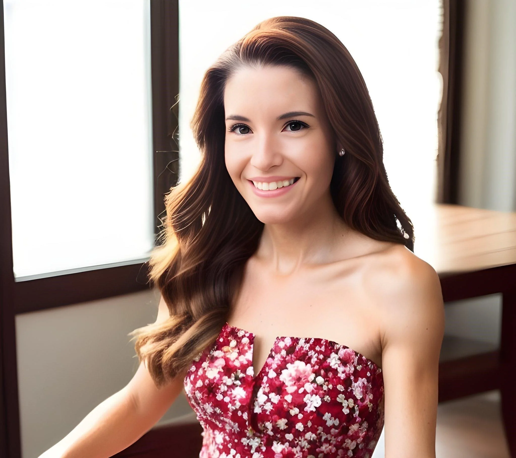 Smiling woman with long hair in floral dress, sitting indoors near a window.