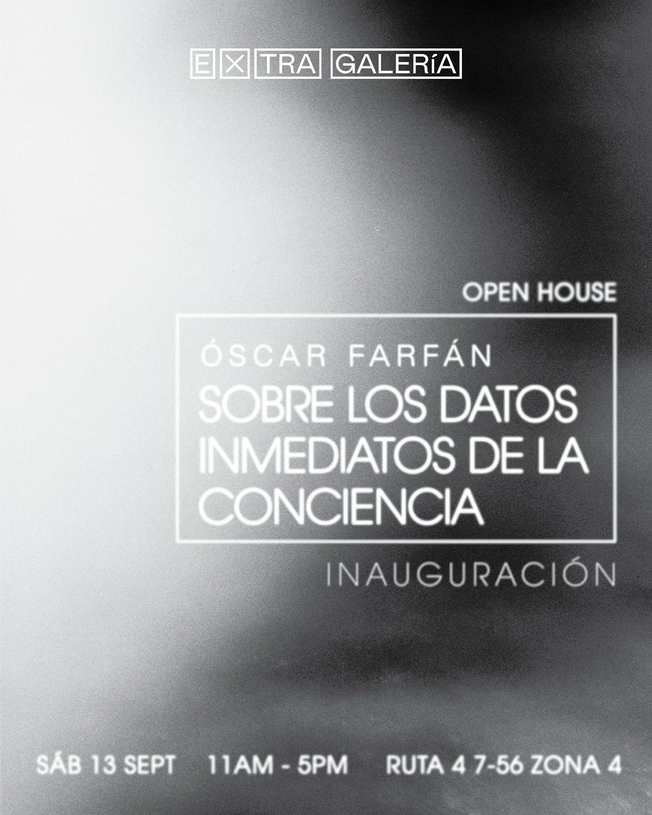 El pr&oacute;ximo s&aacute;bado 13 de septiembre, Galer&iacute;a Extra inaugura &ldquo;Sobre los datos inmediatos de la conciencia&rdquo; del artista &Oacute;scar Farf&aacute;n (Gt/Mx) @oscarfarfanphoto 

La exhibici&oacute;n re&uacute;ne una selecci