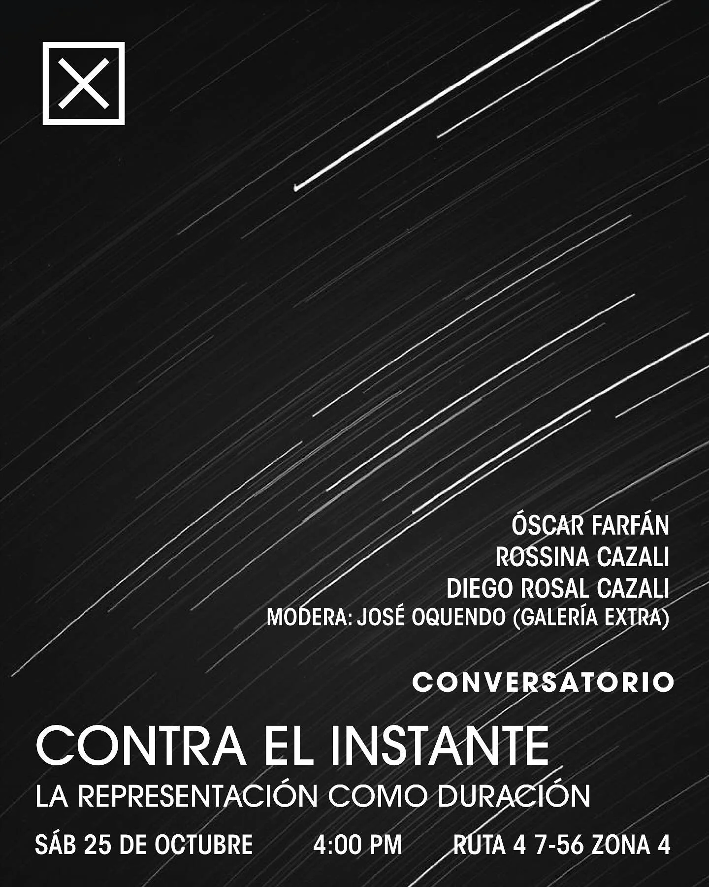 ⚡️⚡️⚡️ Semana activa ⚡️⚡️⚡️

Como parte de las actividades de cierre de la exhibici&oacute;n &ldquo;Sobre los datos inmediatos de la conciencia&rdquo; de &Oacute;scar Farf&aacute;n @oscarfarfanphoto tendremos el conversatorio 🧨denso🧨 &ldquo;Contra 