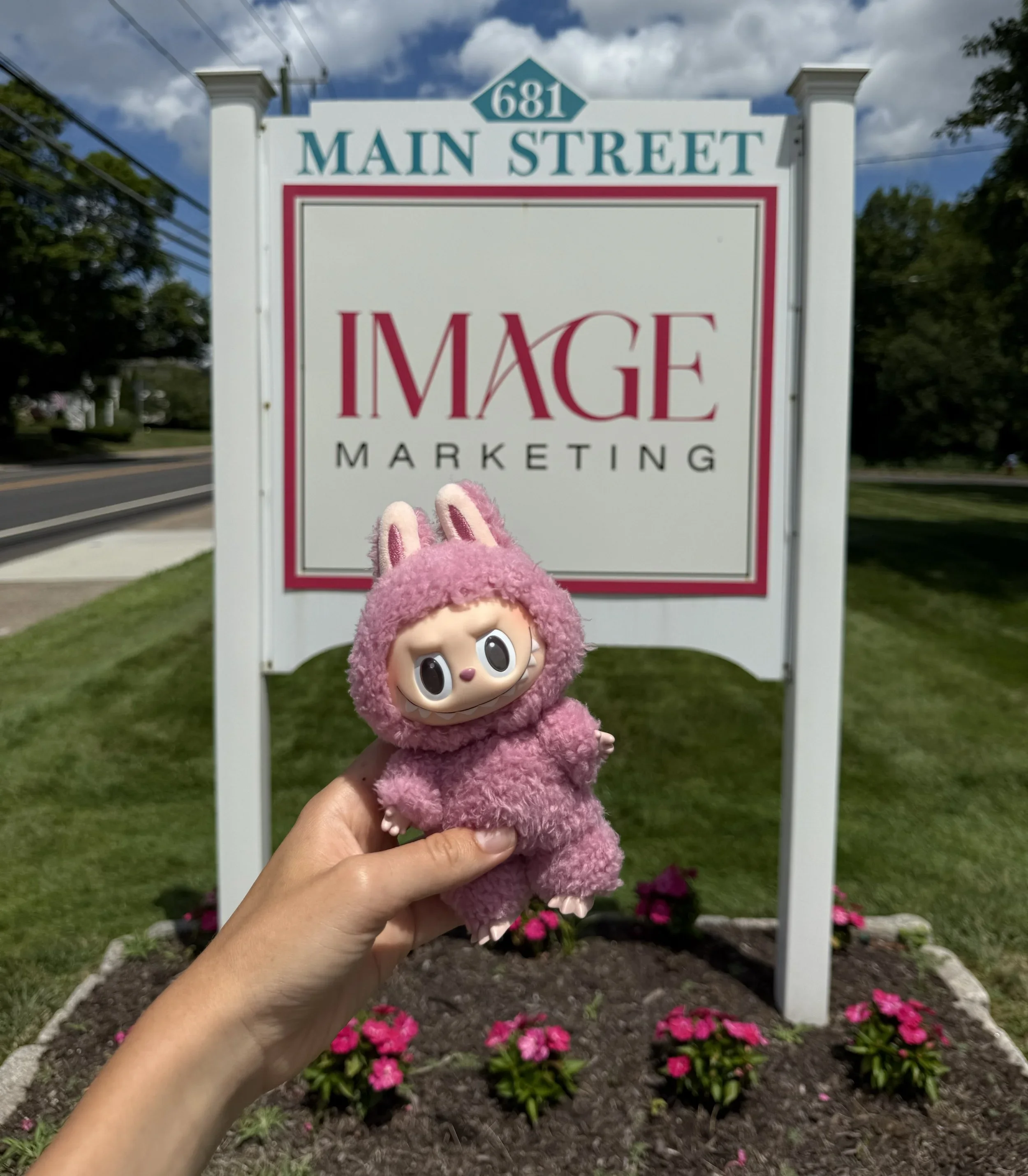 A person holds a pink fluffy Labubu monster doll in front of a white sign for Image Marketing located at 681 Main Street. The scene is outdoors on a sunny day with green grass and flowers.