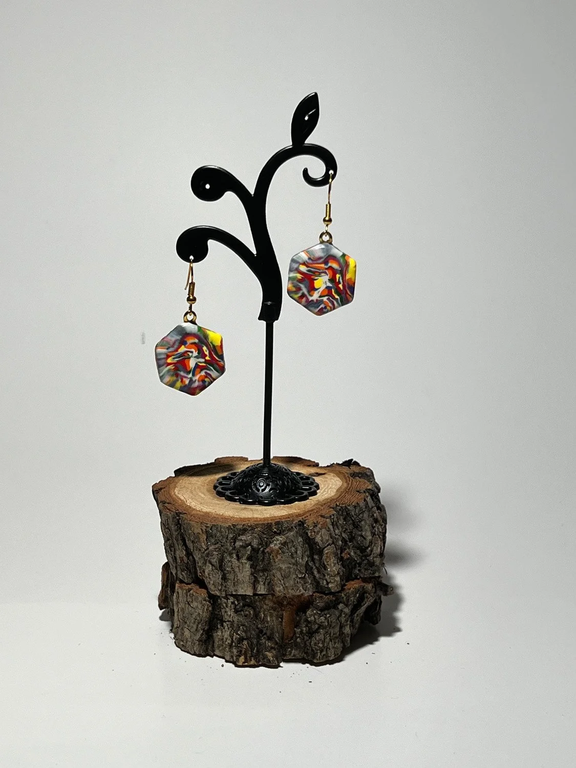Abstract Jewel Tone Hexagon Polymer Clay Earrings