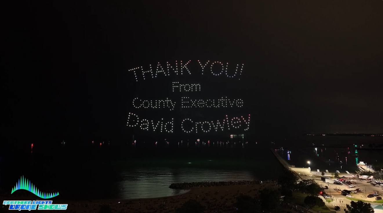 An image displaying a "Thank you" message from the county executive following a Northern Lights Drone Show.