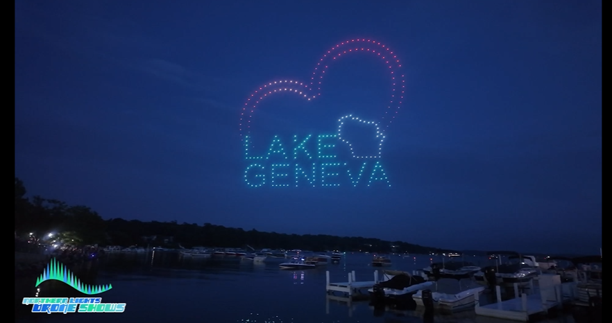 An image of a drone show over Lake Geneva that Northern Lights Drone Show ran.