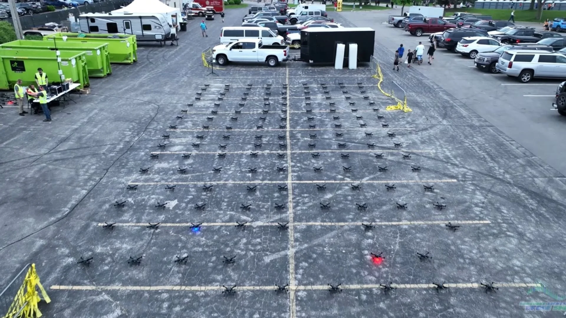 An image from before an NLDS drone show depicting drones organized in a strict grid pattern to ensure a safe takeoff and landing.