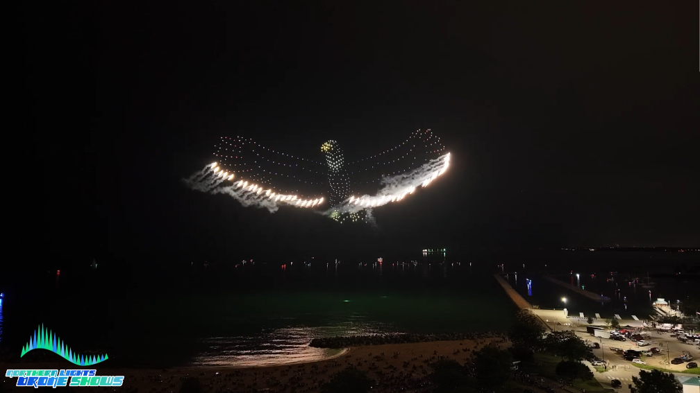 An image of the Milwaukee County 4th of July show depicting a huge eagle with firework drones.