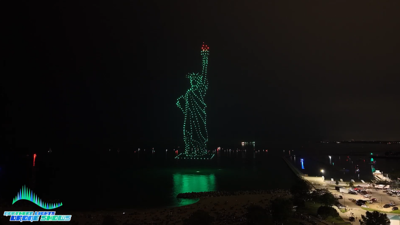 A drone show depicting the statue of liberty in Milwaukee for the 4th of July.