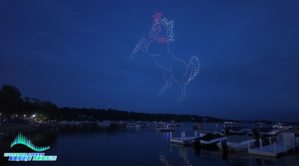 An image from our drone show depicting a horse dancing from the lake Geneva Dancing Horse Shows.