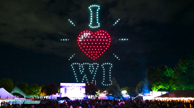 An image from an NLDS drone show depicting the words "I *heart* WI" as part of a local event.