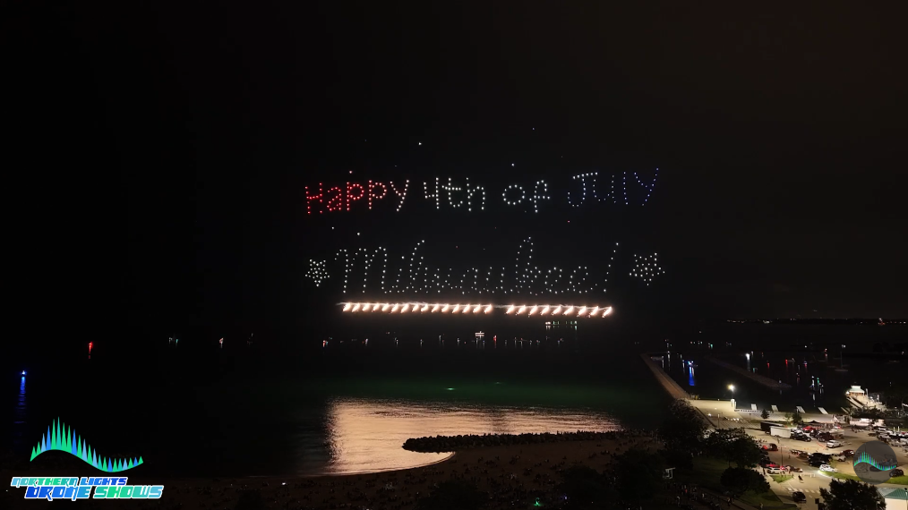 An image from the end of an NLDS 4th of July show in which the drones are arranged to thank the entire audience of spectators.