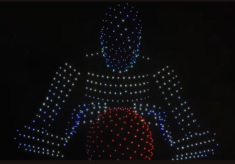 An image from an NLDS drone show depicting the drones in the shape of Tesla's Optimus.