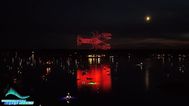 An image from an NLDS drone show depicting a lobster as the show was made in Maine.