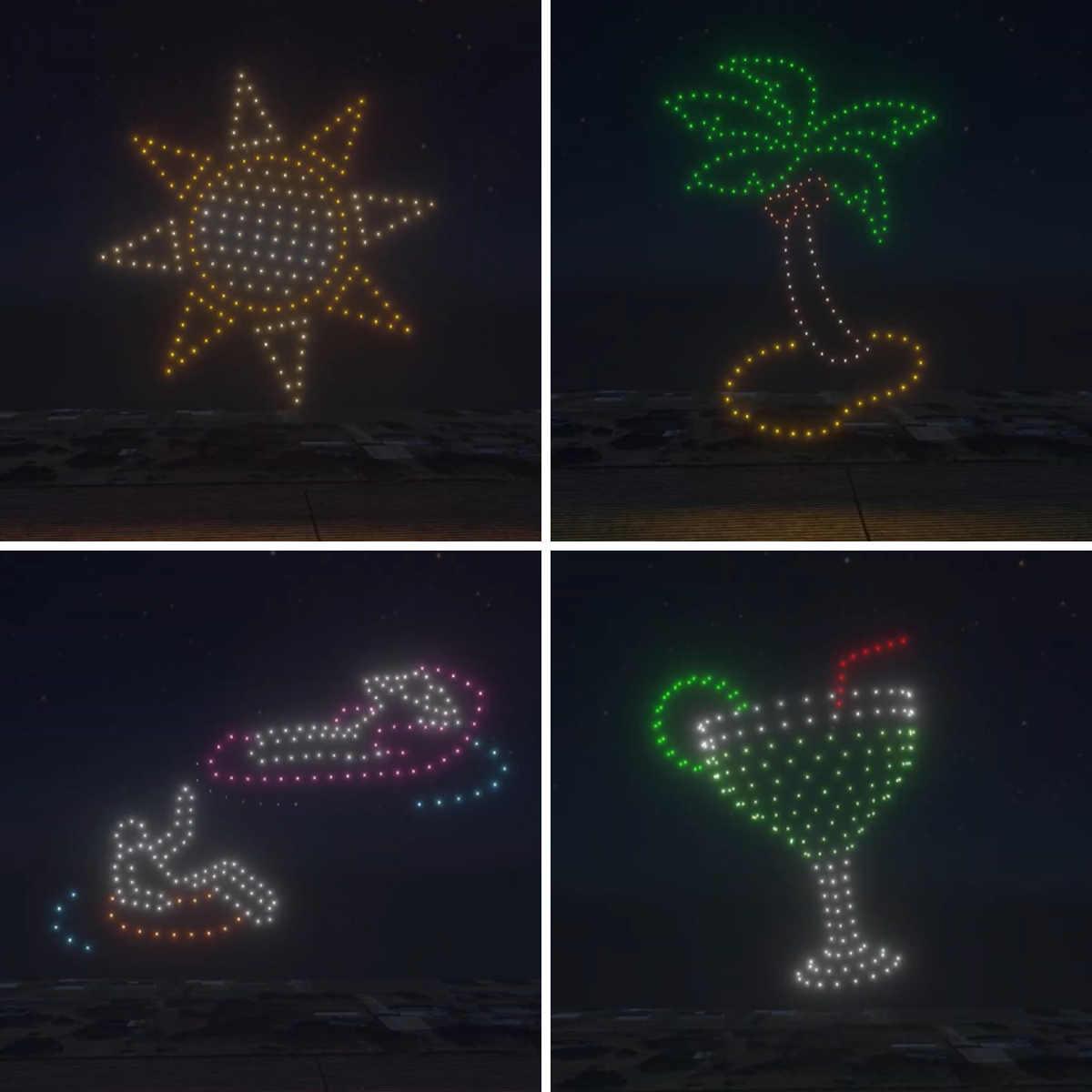 An collage of Northern Lights Drone Shows shows depicting resort/luxury-feeling imagery done for Margaritaville™