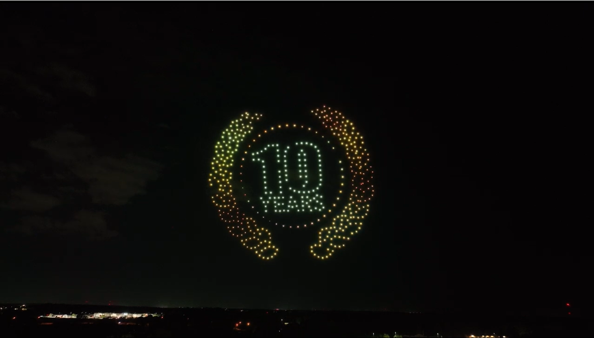 An image from an NLDS drone show depicting a 10-year celebration symbol for a company's annual party.