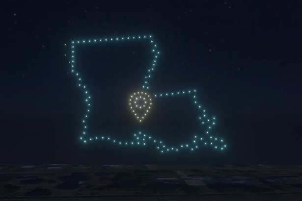 AN image from an NLDS drone show depicting the location of a client's business on a map of Louisiana.