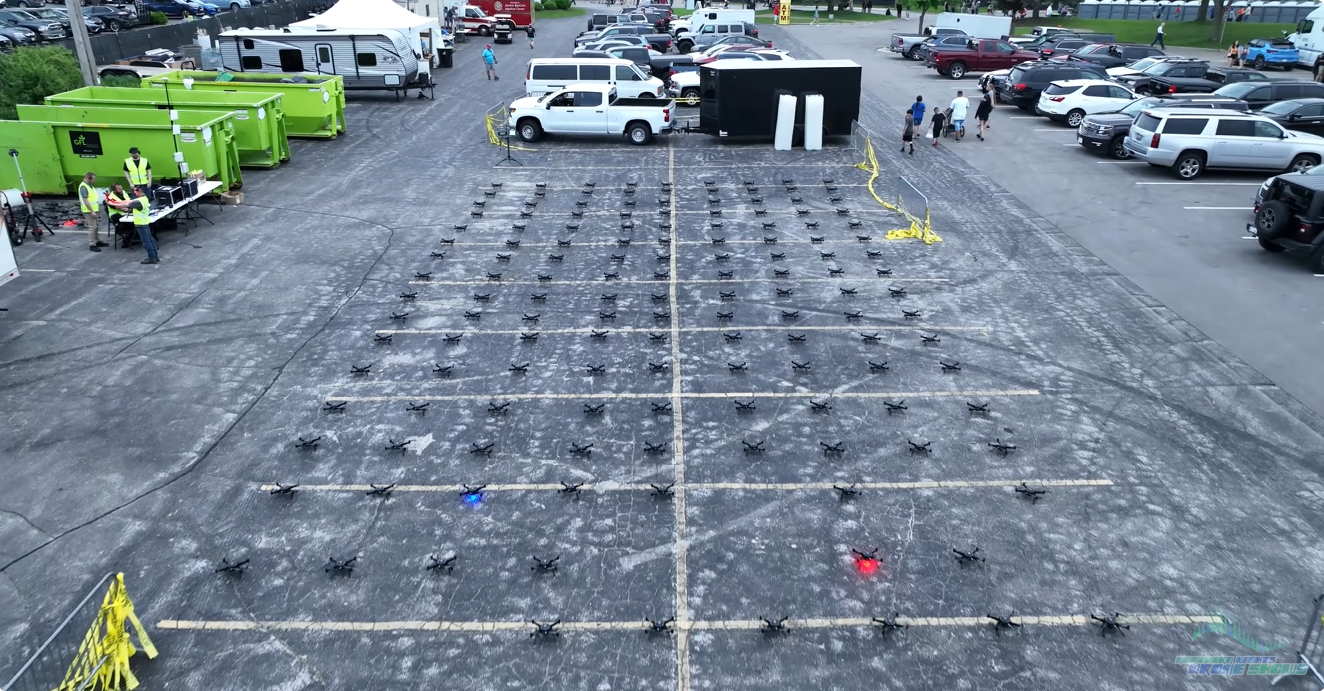 Drone show drones arranged in an FAA-compliant grid pattern prior to takeoff.