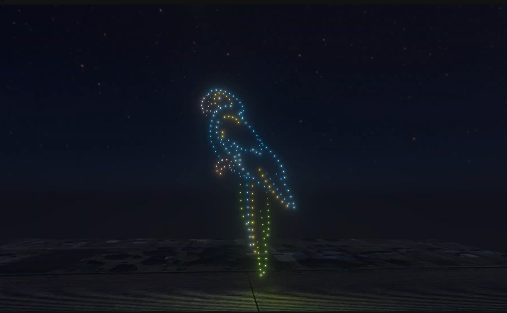 An image from an NLDS drone show depicting a parrot for a resort's show.