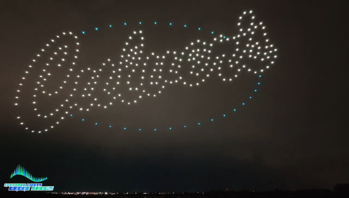 An image from an NLDS drone show depicting the Culver's logo in the sky.