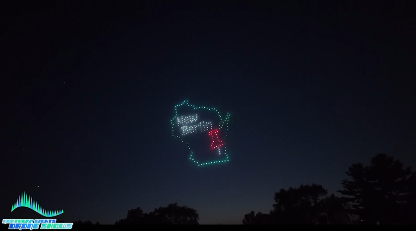 An image from an NLDS drone show highlighting the local town that hosted the show.