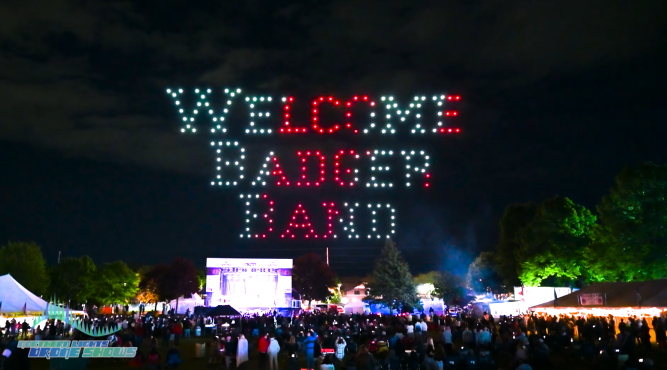 An image of an NLDS drone show synced to the entrance of a festival's band.