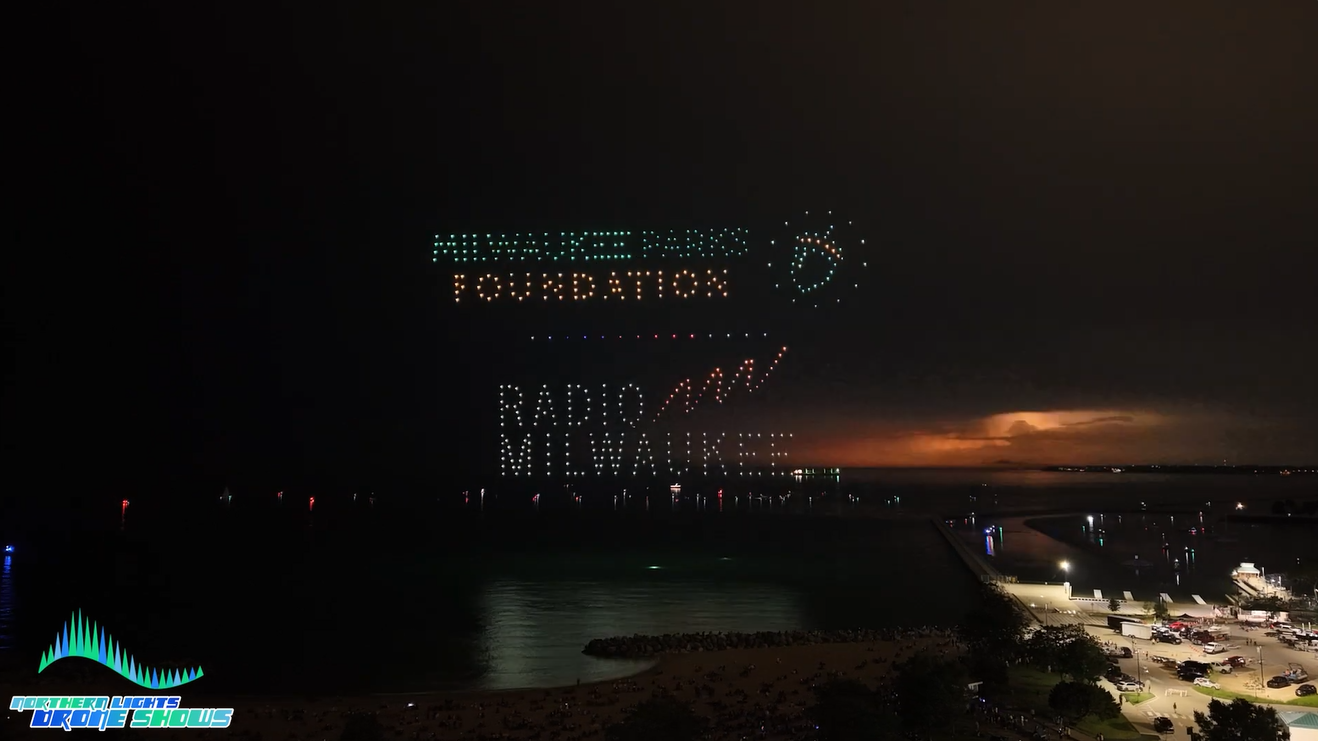 An image of a drone show depicting thank-you messages for the sponsors of the drone show.