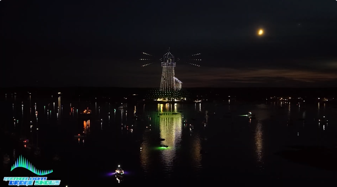 An image from an NLDS drone show depicting a local lighthouse for a crowd of locals.