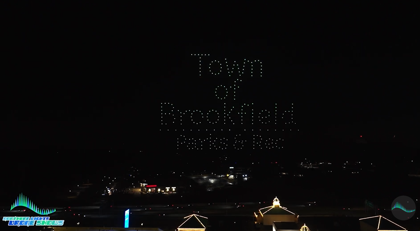 An image from an NLDS drone show depicting a town thanking it's residents for coming out to see their show.
