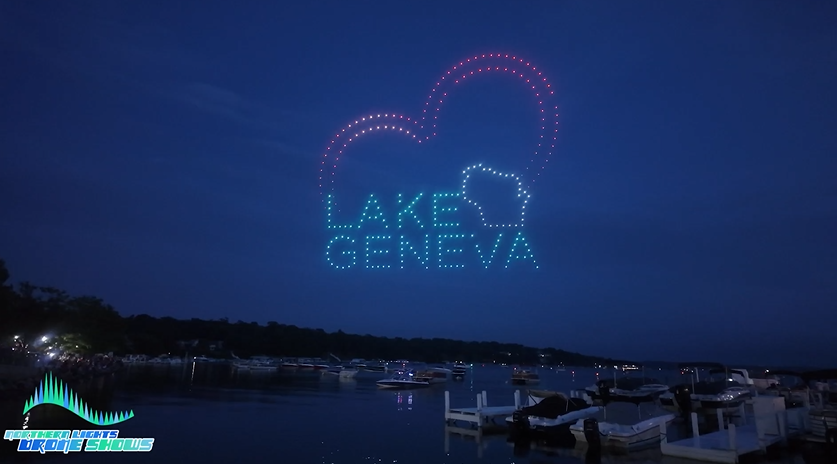 An image from an NLDS drone show flying above Lake Geneva.