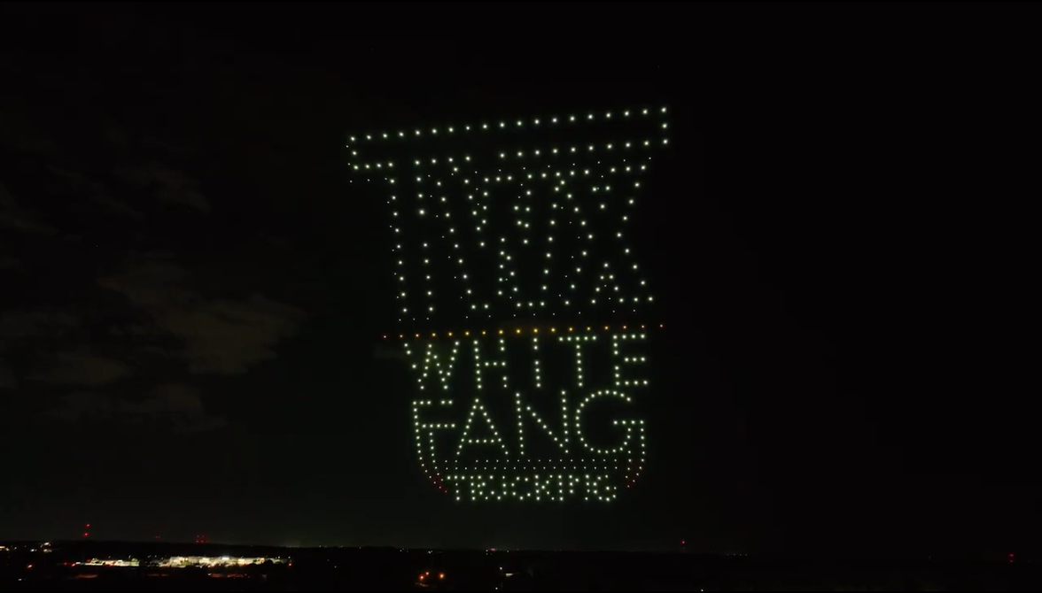 An image from an NLDS drone show depicting a company's logo and tagline.