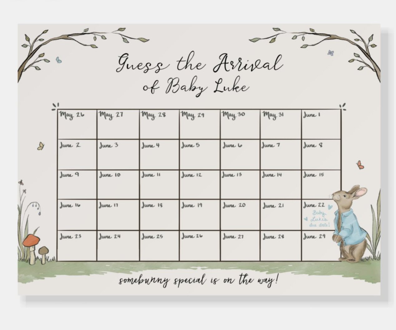 Digital illustration printed on foam board for guests to guess the arrival date of the baby!