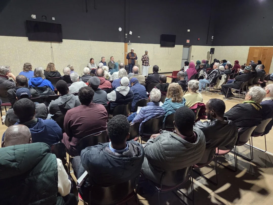 This week Bloomington churches and mosques gathered together at Dar al Farooq to meet with Representative @nathan.a.coulter, Senator @senalicemann, & Representative Steve Elkins to discuss the impact of federal cuts on our communities and how we