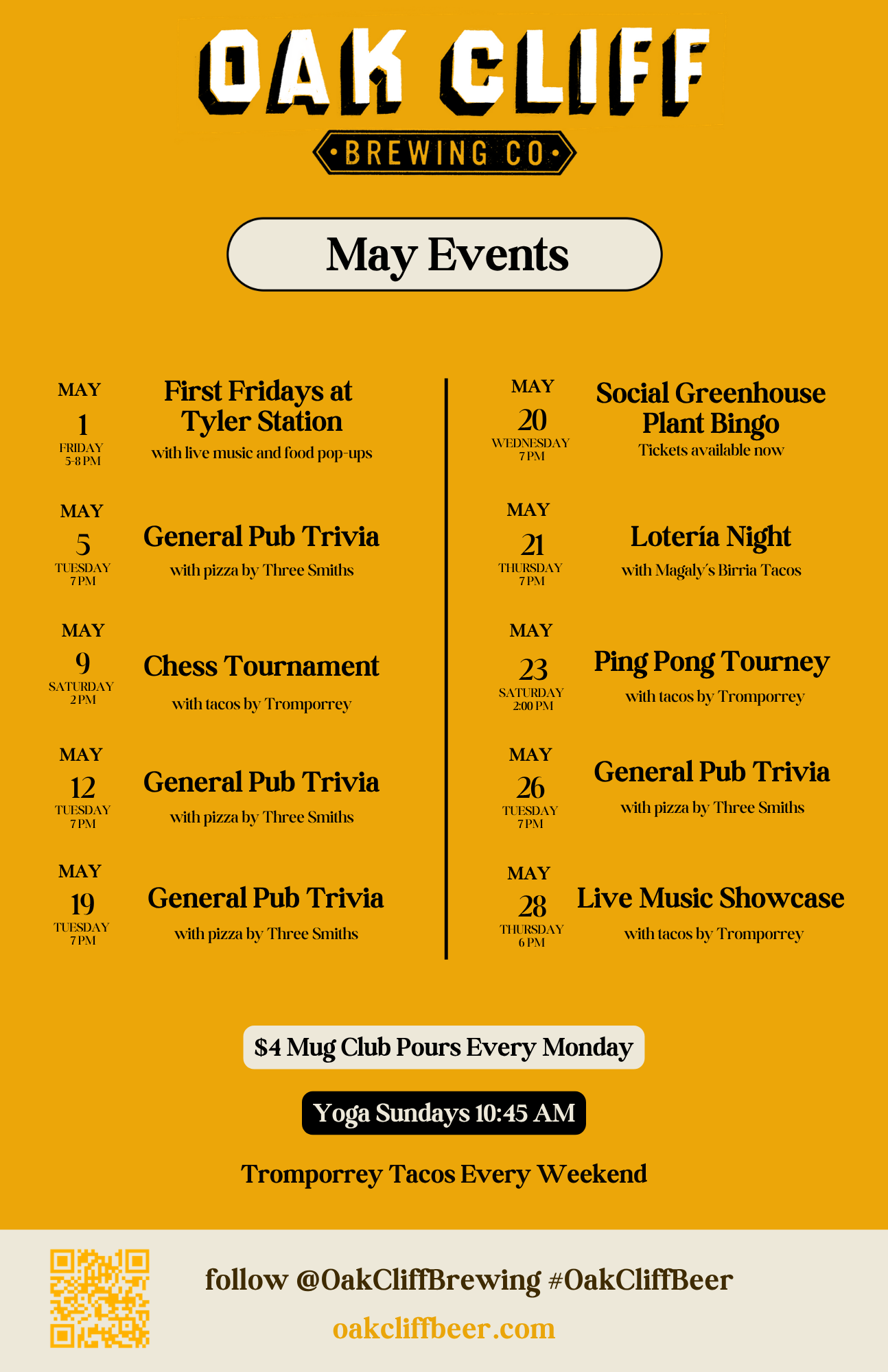 Oak Cliff Brewing Co. May events schedule including trivia nights, live music, bingo, and yoga, with dates and times listed against a mustard yellow background.