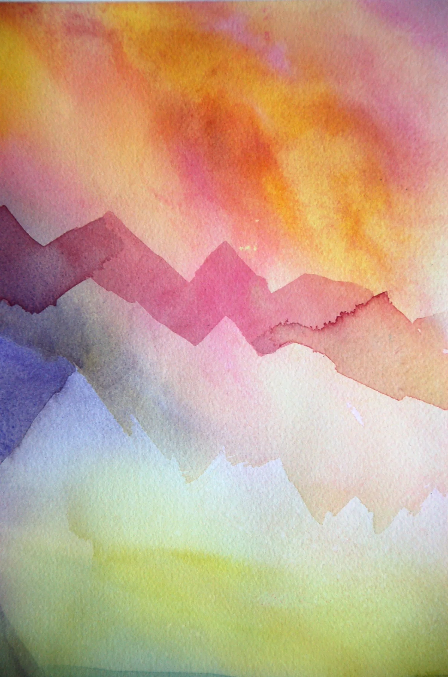 Watercolor painting of mountain peaks with colorful sky background in shades of pink, orange, yellow, purple, and blue.