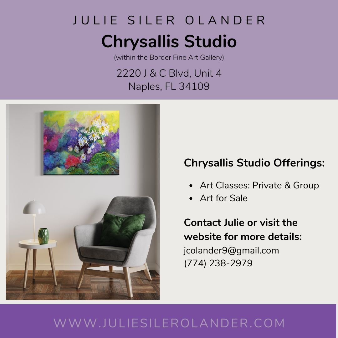 🎨 Explore Your Creative Side at Chrysallis Studio! 🎨

Located within the Border Fine Art Gallery at:
2220 J &amp; C Blvd, Unit 4, Naples, FL 34109

What We Offer:
🖌️ Art Classes &ndash; Private &amp; Group
🖼️ Art for Sale &ndash; Original works a