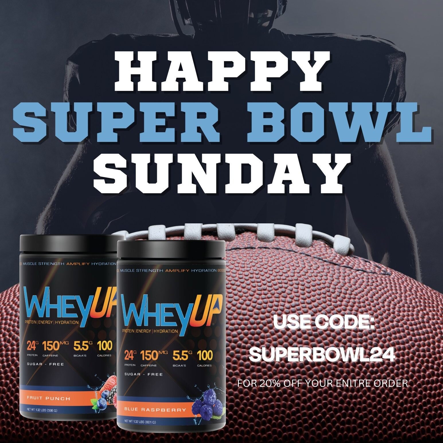 Happy Super Bowl Sunday! Who is your pick for the big game, @chiefs or @49ers ? Let us know in the comments below. 

As a special Super Bowl Treat WheyUP is offering 20% Off your entire purchase! Just use code SUPERBOWL24 at checkout!

 #WheyUP #fitn