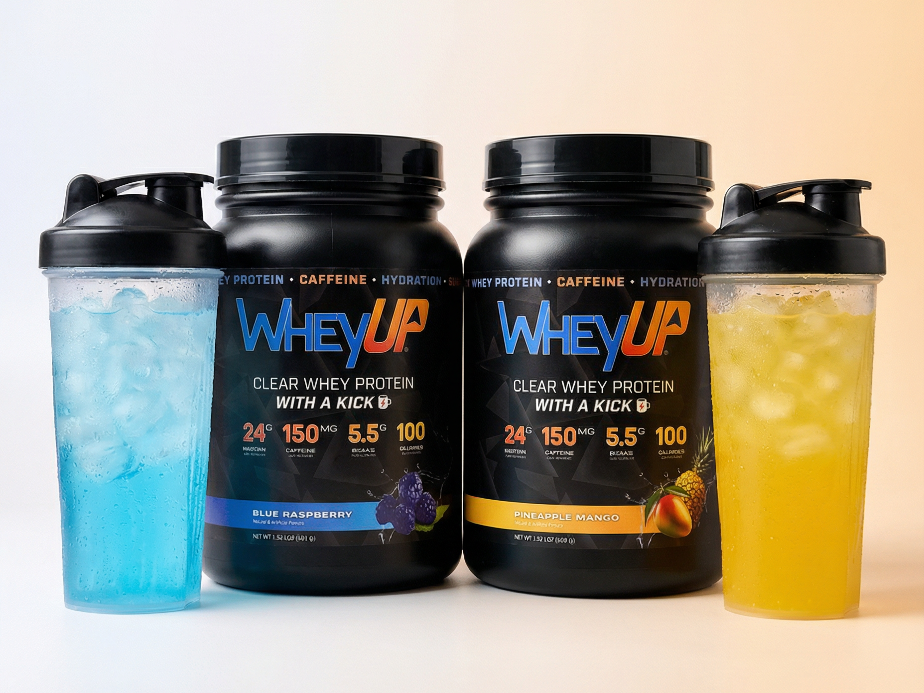two large bottles of WheyUP protein and caffeine power, and two drink shaker glasses filled up