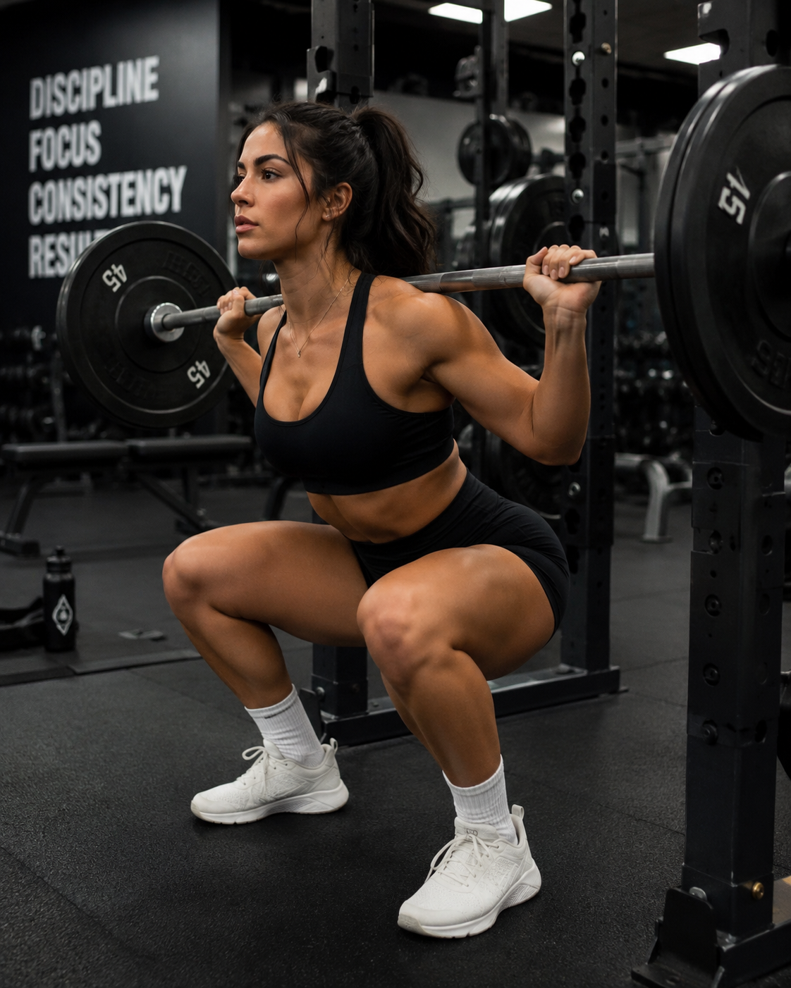 attractive woman wearing black workout shorts, and matching black sports bra, doing squats in the gym