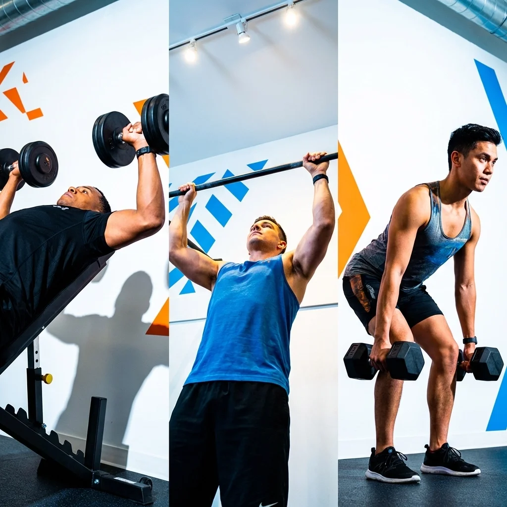 three scene shot of three different men working out with weights