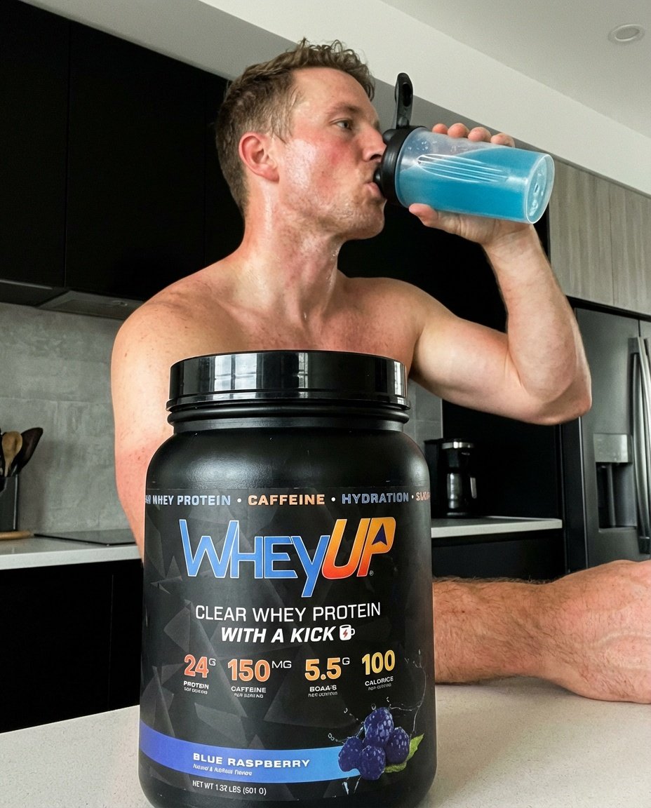 guy in his kitchen sweaty after his workout and drinking WheyUP