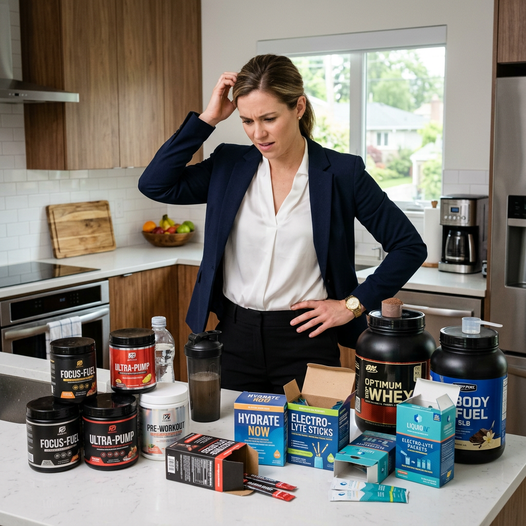 a female executive in business attire looking at a bunch of workout supplements and scratching her head