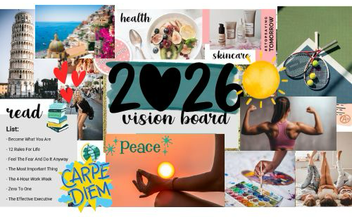 Image above shows a sample vision board with sports, travel and mantras.