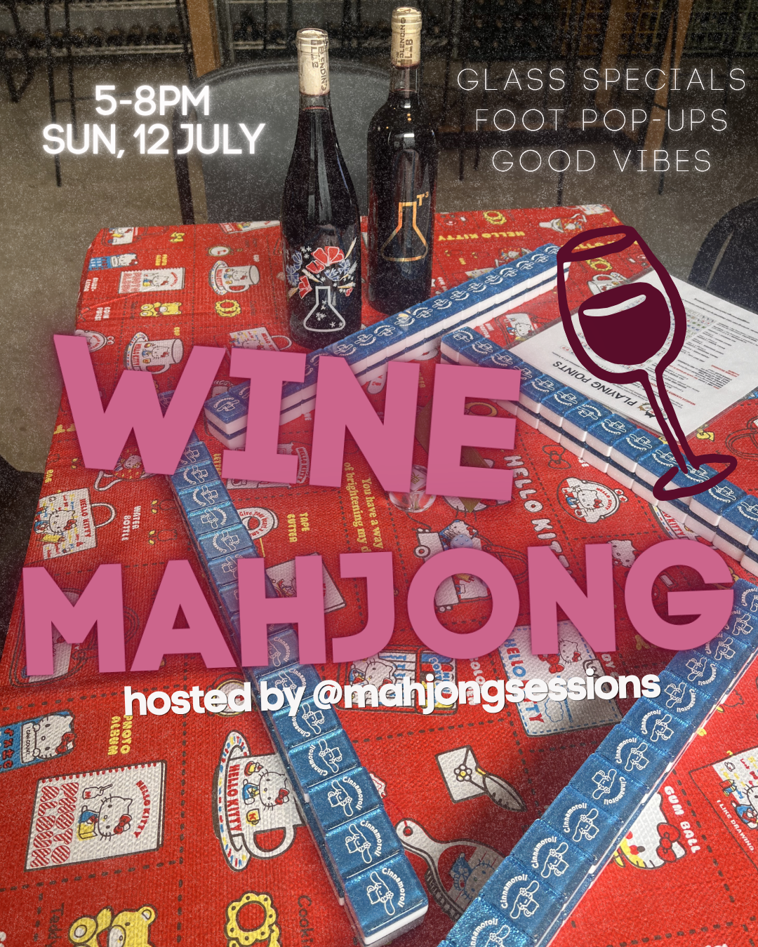 flyer promoting Mahjong and wine at the blending lab on july 12
