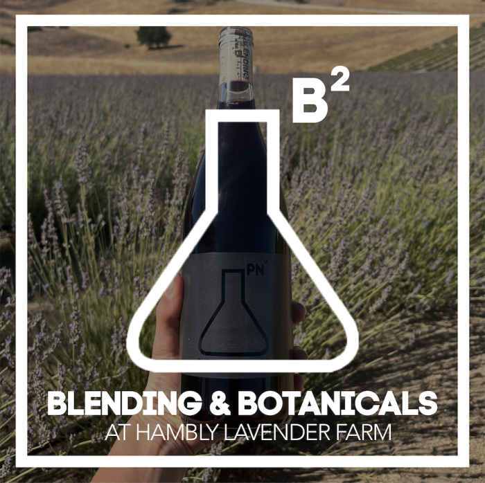 Pinot Noir wine bottles displayed against lavender bushes at Hambly Farms, featuring Flask, B2, Blending, and Botanicals.