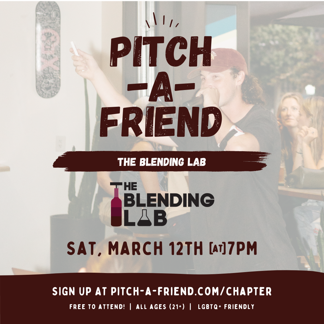 Pitch a friend poster with our logo and an MC from a past event as well as website copy and note that event is free to attend.