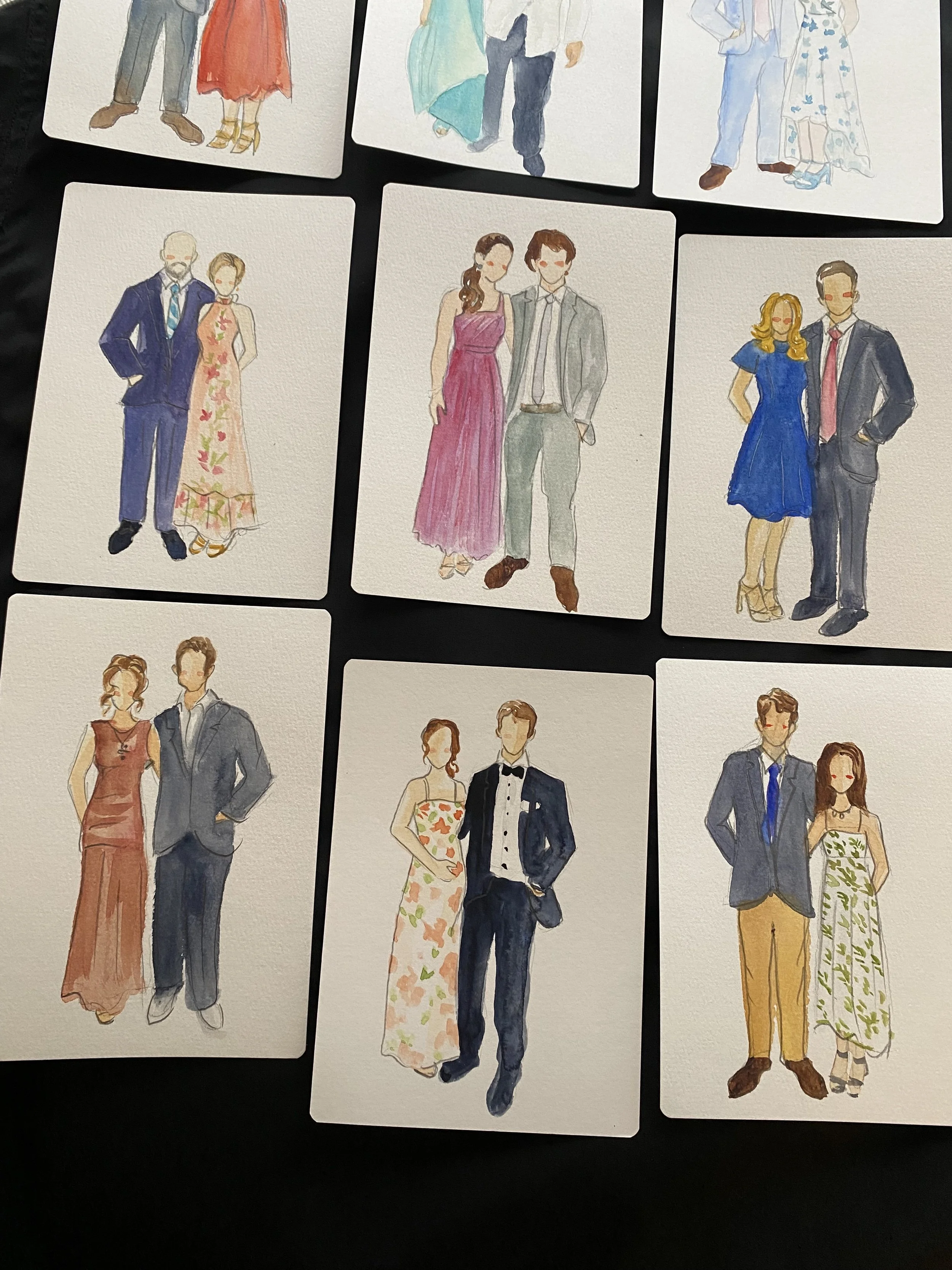 Watercolor illustrations of couples dressed in formal and semi-formal attire for a wedding or special occasion, displayed on cards.