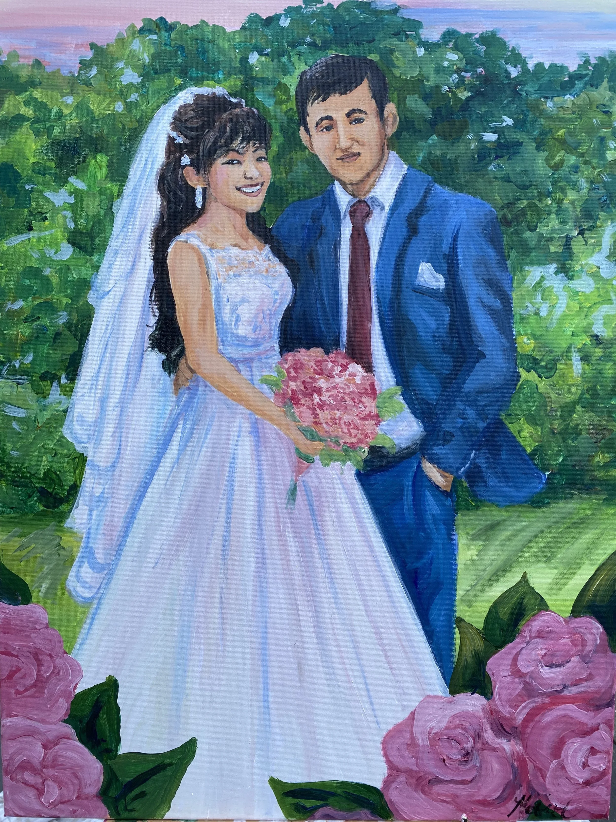 A painted portrait of a bride and groom standing outdoors with greenery and pink flowers in the background. The bride is wearing a white wedding dress, veil, and holding a bouquet of pink flowers. The groom is dressed in a blue suit and dark tie. The