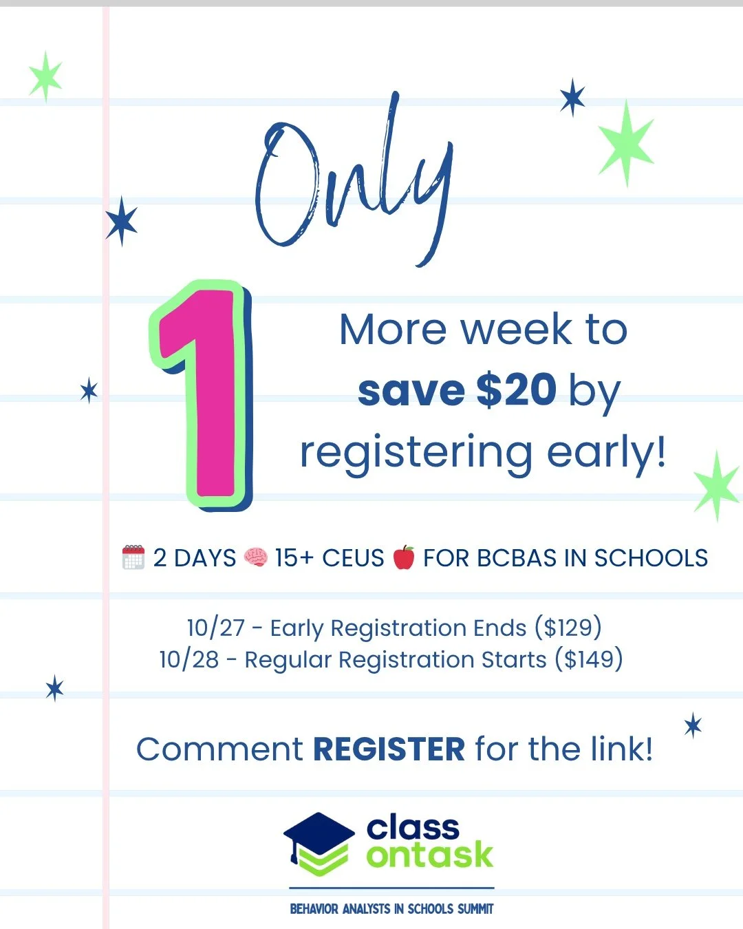 The countdown is ON!

You&rsquo;ve got 1 more week to save $20 on early registration! 

Regular registration rates start on 10/28! 

Come learn from 18+ BCBA leaders in our field who &quot;get it&quot; 

As an added bonus, 12 of the 14 talks will be 