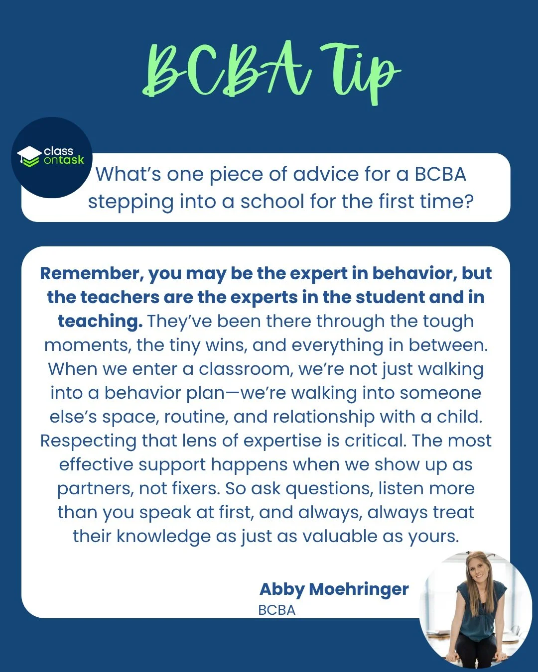 Hear more words of wisdom from Abby and 18+ other experts at the Class on Task: Behavior Analysts in Schools Summit!

📅 November 7&ndash;8
🎯 15+ CEUs 
🏫 For BCBAs in Schools
💻 12 of the talk will be recorded in case you can't make it live

Regist
