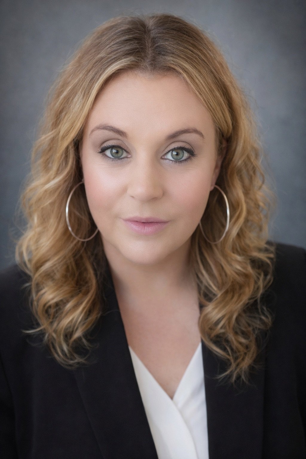 A headshot of a woman with shoulder-length curly blonde hair, green eyes, wearing hoop earrings, a white blouse, and a black blazer, against a dark gray background.